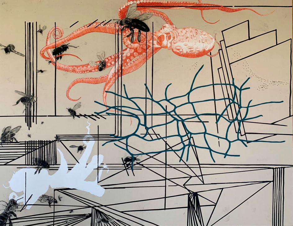 Nathan Budoff (American, b. 1962) and Frances Gallardo (Puerto Rican, b. 1984), Untitled, líneas y abejas (Untitled, Lines and Bees), 2021, Mixed media, 8 ft x 9 ft. Courtesy of the artists