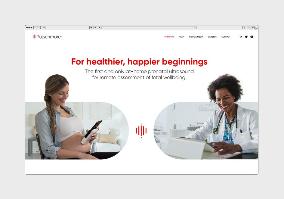 Identity and website for [Pulsenmore](https://pulsenmore.com/), a technology that enables patients to perform a self-scan ultrasound by connecting their own smartphone to a novel ultrasound cradle.