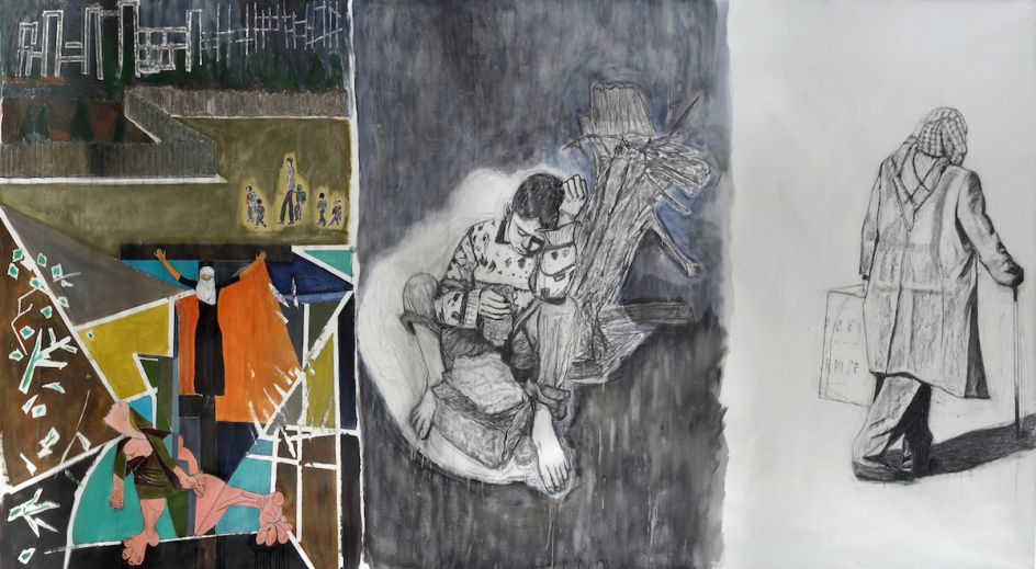 (c) Palestine, Acrylic and charcoal on canvas, approx. 210 x 150 (2009) (d) Tomorrow, Acrylic and charcoal on canvas approx. 210 x 150 (2009) (e) For Eternity, Acrylic and charcoal on canvas, approx. 210 x 100 (2009)