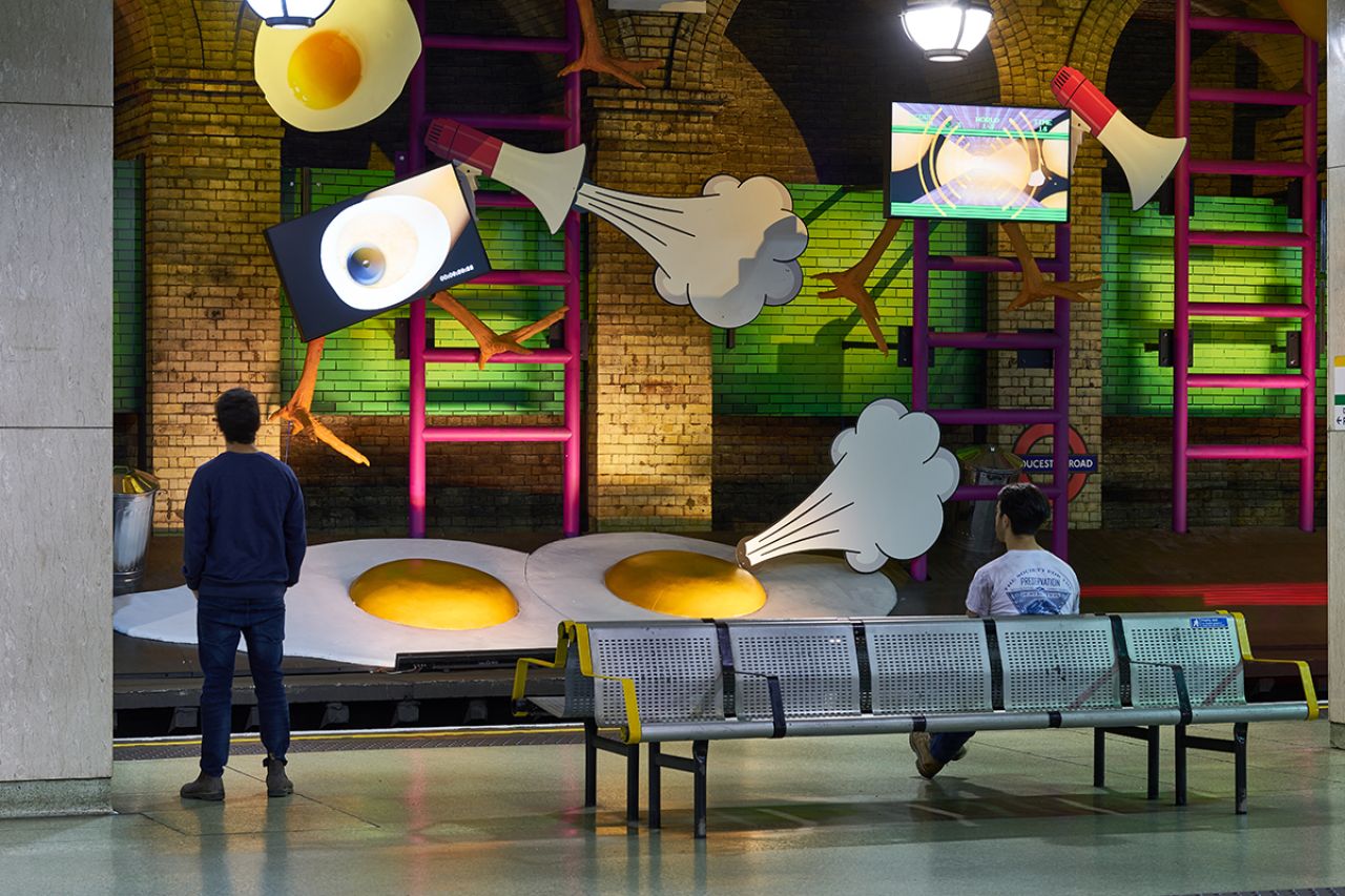 Heather Phillipson, my name is lettie eggsyrub, Gloucester Road station, 2018. Commissioned by Art on the Underground. Photo: G.G. Archard