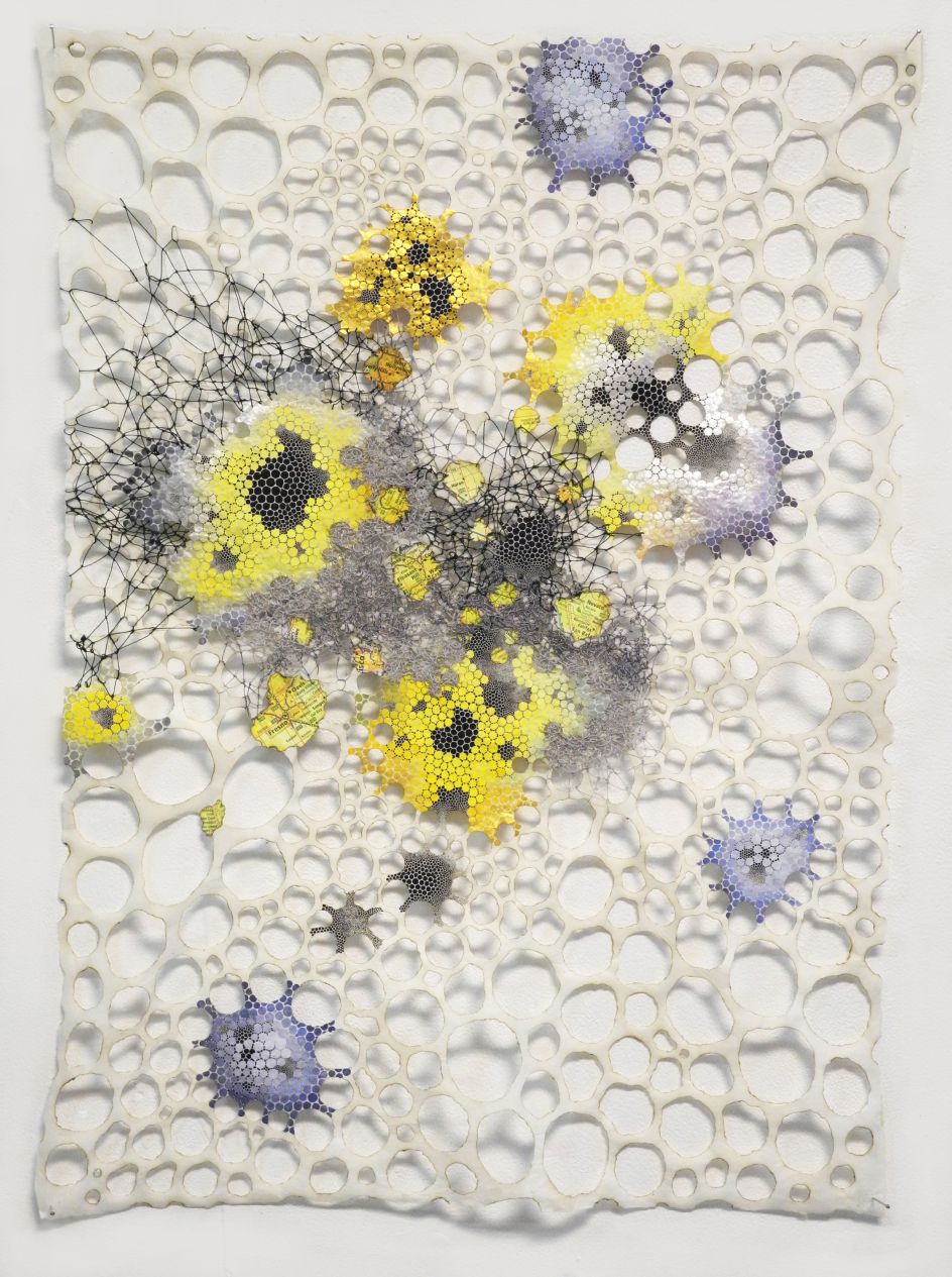 Believer Karen Margolis Believer, 2018 watercolor, gouache, maps, thread on Abaca paper 30”x22” Courtesy of the artist and Garis & Hahn