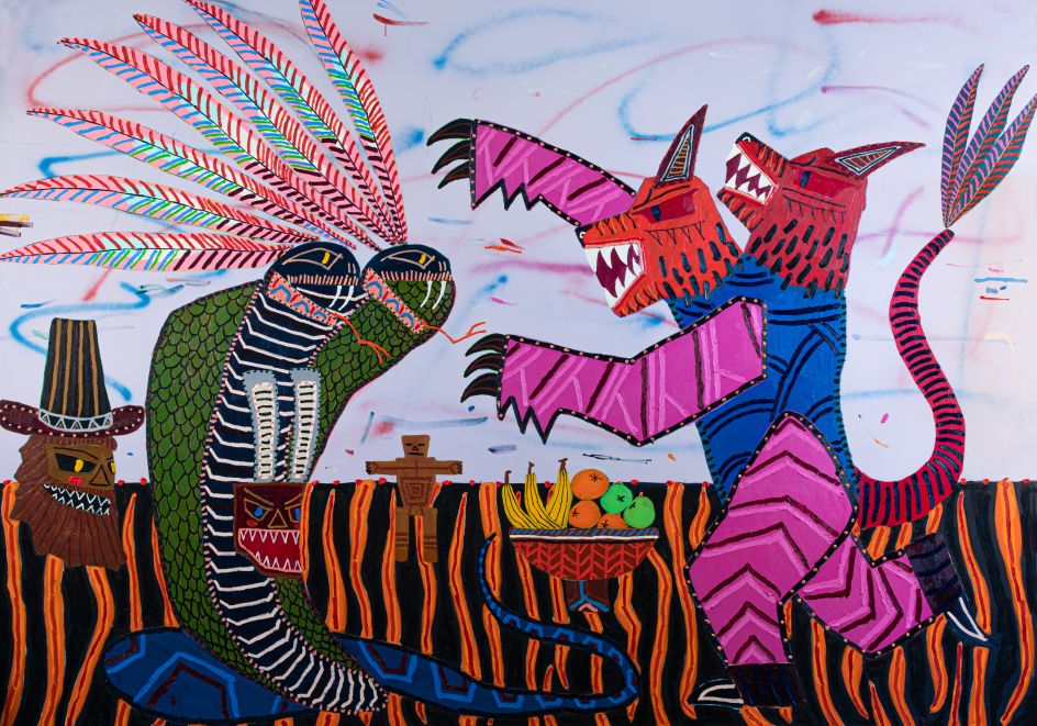 Jordy Kerwick You swing and you swing and you swing 2022 Oil, acrylic and spray paint on canvas 220 x 300 cm. 86.5 x 118 inches. Courtesy of the artist and Vigo Gallery.