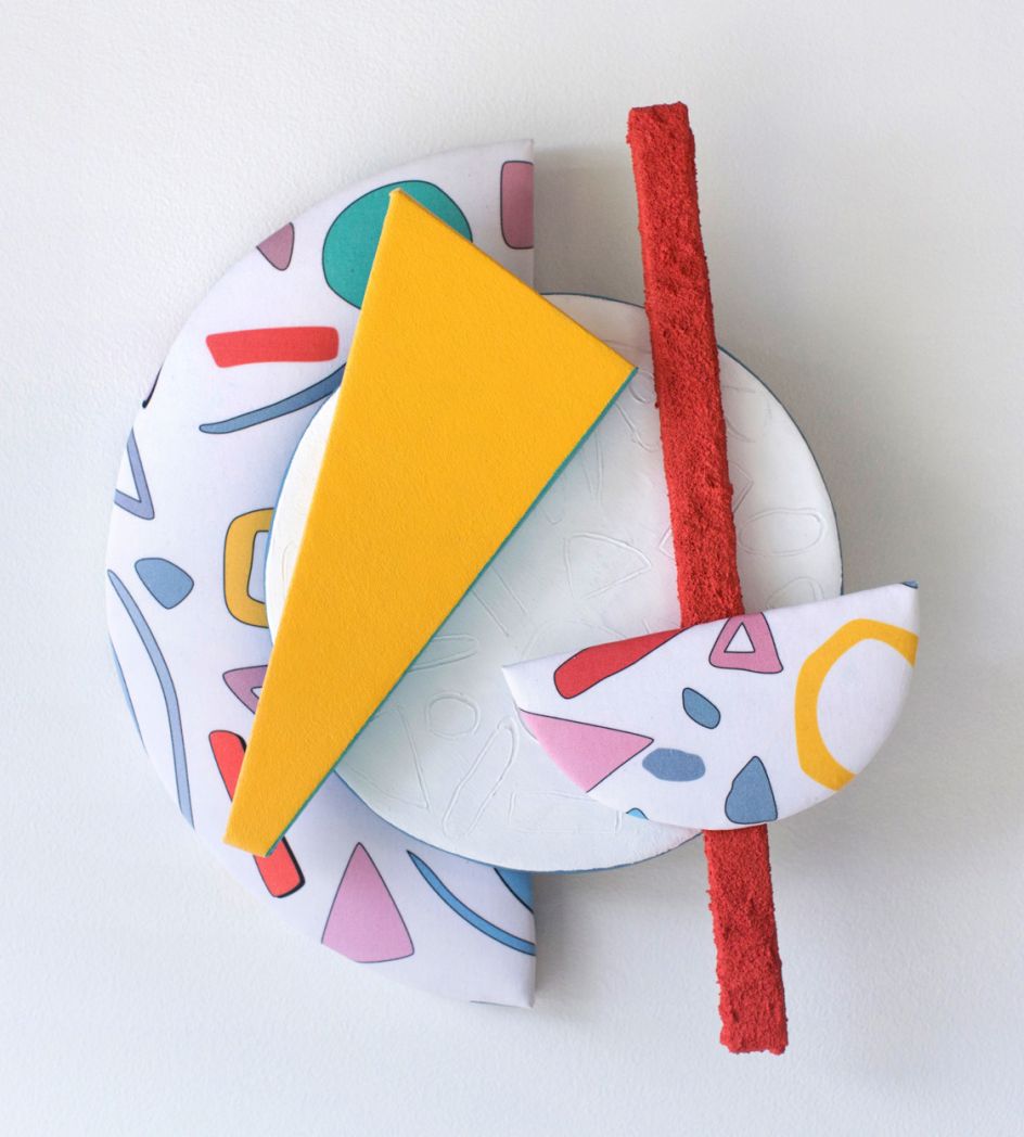 Leah Guadagnoli This is Just a Test, 2017 acrylic, pumice stone, molding paste, digital print on fabric, canvas, insulation board, and polyurethane foam on aluminum panel 18h x 15.50w x 3d in Courtesy of the artist and VICTORI + MO