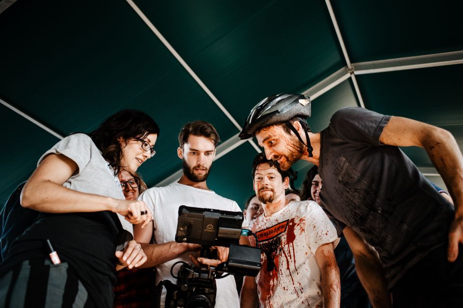 Hannah Bungard, Luke Downing (AD), Tony Hipwell and zombies © Zomblogalypse . Photography by Esme Mai