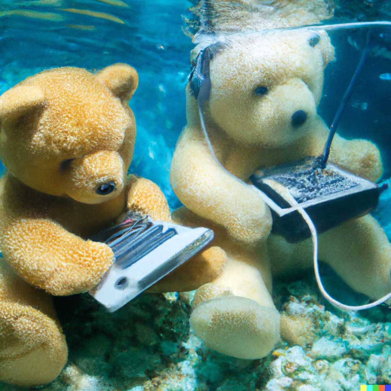 Teddy bears working on new AI research underwater with 1990s technology © DALL-E 2