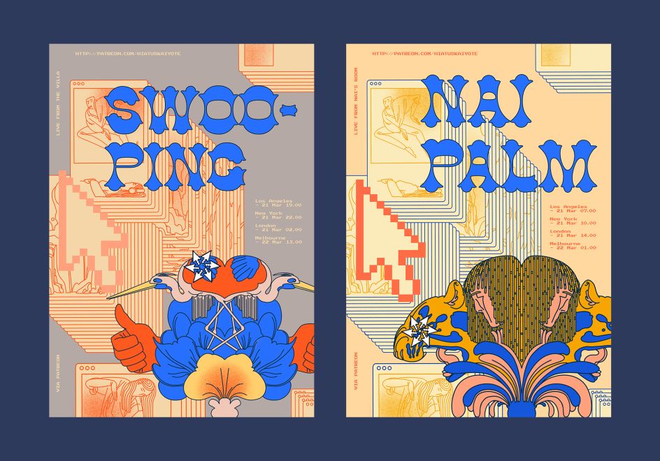Swooping + Nai Palm Livestream Show Posters - pair of posters made for Nai Palm and Swooping (solo projects from members of the band Hiatus Kaiyote), for their online streamed live shows (replaced touring concerts that were cancelled due to COVID-19). Main contact Si Jay Gould from Wondercore Island management © Avalon Nuovo