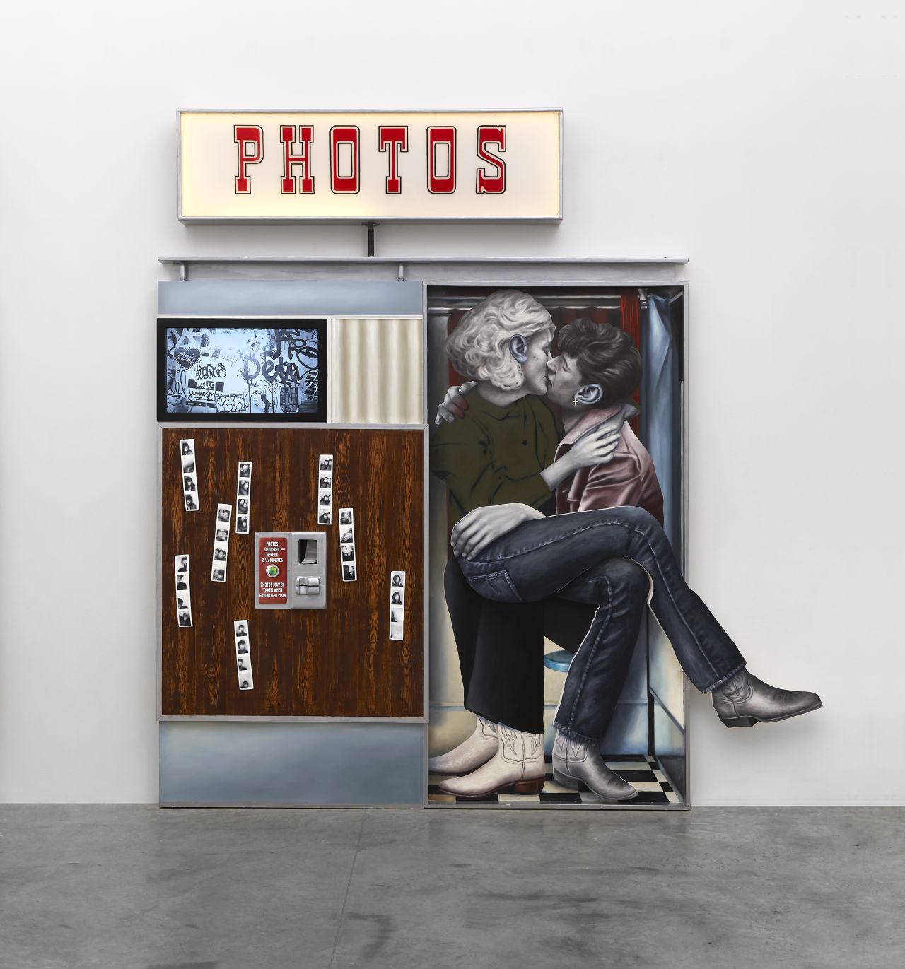 Chloe Chiasson, Sunday Confessions, 2022. Acrylic, oil, metal, wood, fiberglass, resin, paper, LEDS, Plexiglas, Velcro, canvas on shaped panel with video installation. 126 1/2 x 120 x 7 1/4 inches, 321.5 x 305 x 18.5 cm. Photo: Thomas Mueller