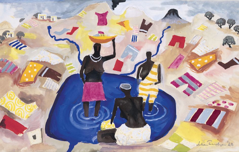 Julian Trevelyan, Washing Day, Freetown, 1942, gouache on paper, 21 x 33cm, Private collection © The Julian Trevelyan Estate
