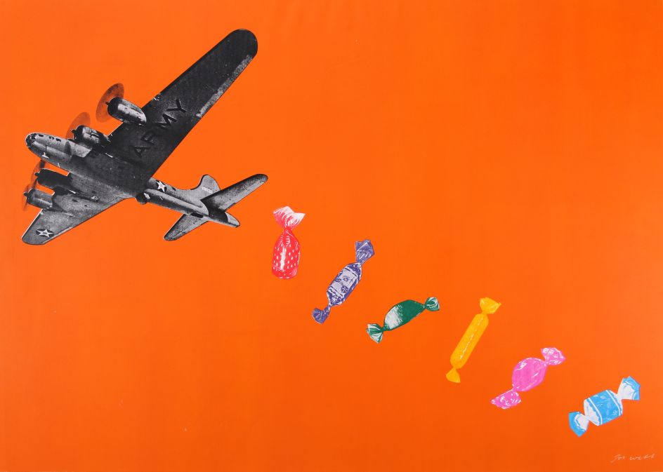 DJ Playing God Candy Bomb II (Blue) Candy Bomber - Orange Long Shot One Day The Sun Will Kill Us All Hot Tub Storm In A Tea Cup Sea Of Tranquilty DJ Cloud 9 Lichtenstein's Cleaner Curtains Wish You Was Here DJ  2018 Silkscreen on canvas 140x100cm   Playing God  2018 Silkscreen and Diamond Dust on canvas 100x100cm Candy Bomb II (Blue)  Painting on canvas 140x100cm 2017 Candy Bomber – Orange 2017