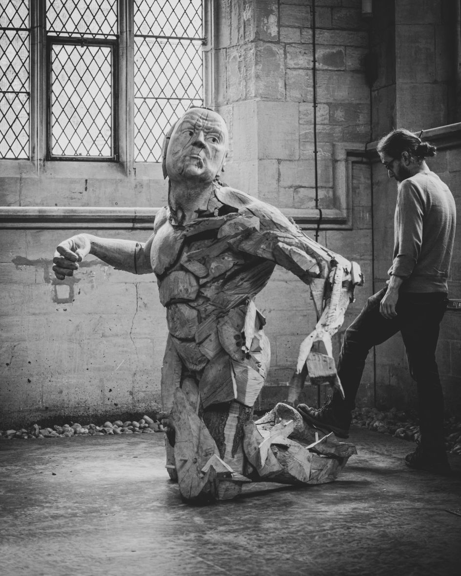 Artist with ‘The Gaslighter’s Comeuppance’, holly, 2017, photo: Black Hill Creative (exhibition shot from 20-21 Visual Arts Centre)