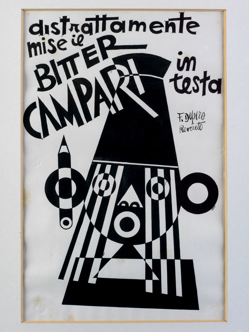 Fortunato Depero, Distrattamente mise il Bitter Campari in testa, 1928. He Distractedly put the Bitter Campari on His Head. Ink on Paper.