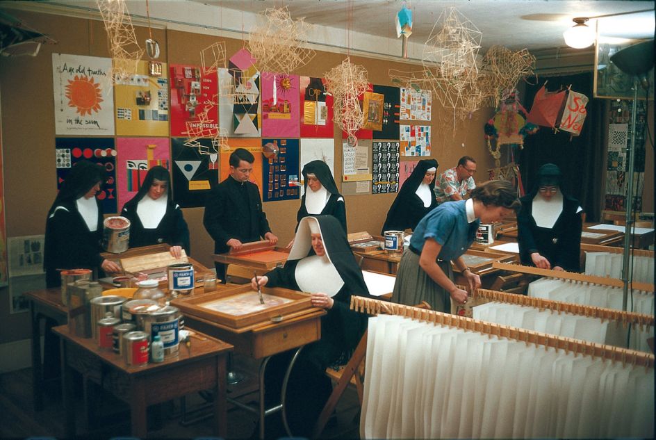 Corita Kent, photograph of Sister Corita's Screenprint Studio, 1955