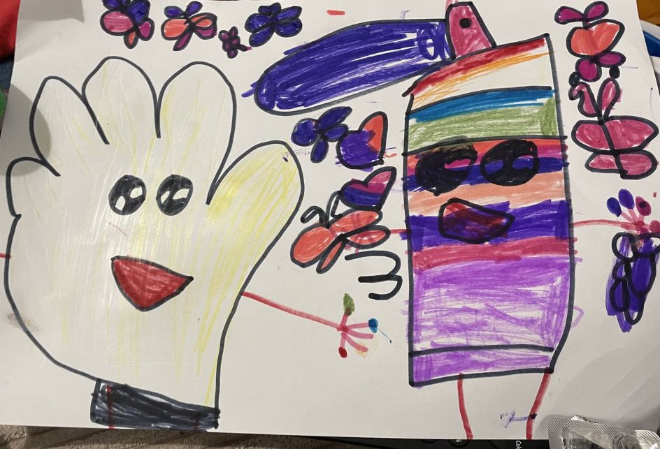 Germs and Hand-Sanitiser The health messaging for increased hand-washing to prevent virus transmission became part of children’s everyday language. Submitted by Cadi, 4 years old, 2020-21, Pontarddulais, UK © The Play Observatory