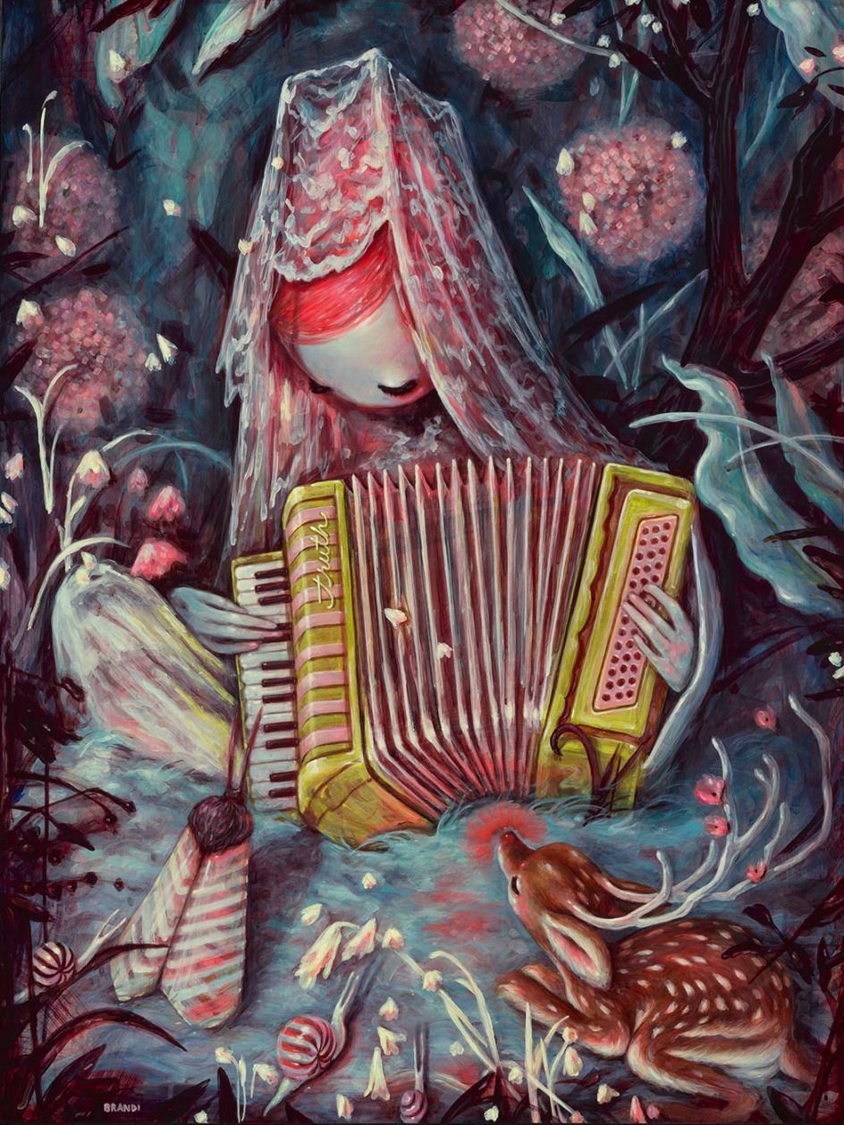 The paintings combine the imagery of Halloween and Christmas