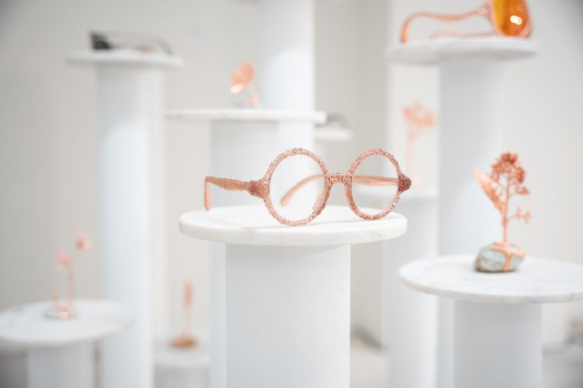 Glasses and copper flowers at Object Rotterdam