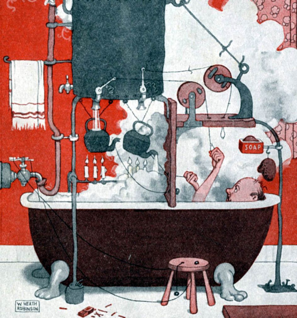 Detail of ‘With a Clarkhill You Will Have Cheap and Unlimited Hot Water’, from This is a complicated way to obtain hot water, but . . ., c.1921