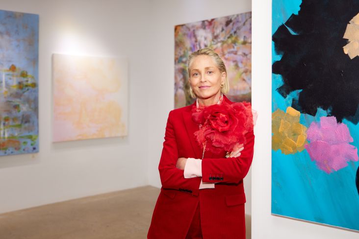 Sharon Stone with her paintings at the East Coast premiere of her art exhibition Courtesy of C. Parker Gallery in Greenwich, Connecticut. Stone has two new exhibitions in Berlin and San Francisco