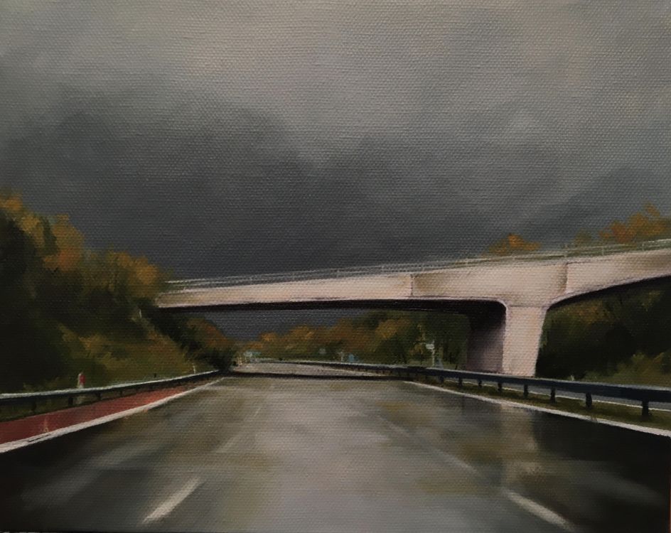 Jen Orpin: Gary Skies Over Snowhill Bridge (Oil on Canvas)