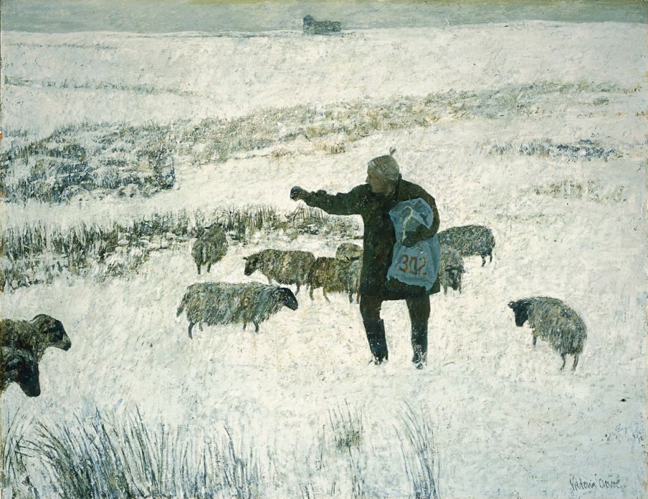 Sheep, Shepherdess and Harbour Craig, 1975 oil on board, 79 x 99 cm