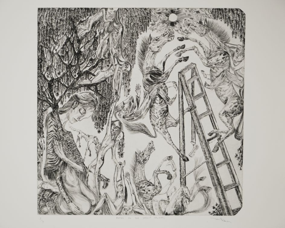 Arusha Gallery, John Abell, Paths To The Sunlit Uplands, 2019 drypoint engraving, 80 x 77 cm. Photo credit: [John Sinclair](http://www.thebigsink.com)