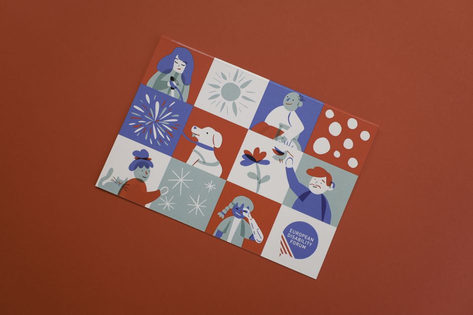 Accompanied by 12 illustrations integrated in a mosaic of squares. In blue, red, green and white colours. The illustrations represent 6 disable characters from left to right the following: a blind woman, a man in a wheelchair, a guide dog, a deaf man, a woman looking at stars accompanied by her cat and a girl with a prosthetic arm.