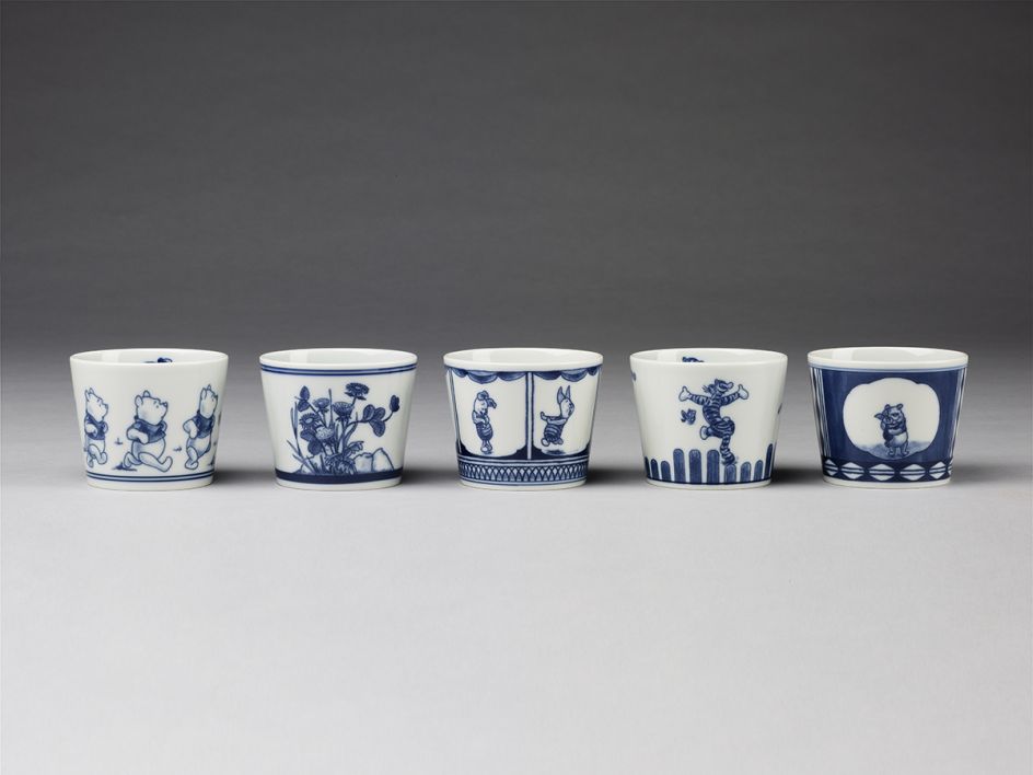 Winnie the Pooh saki cups, blue & white porcelain, made by Hasami for the Walt Disney Corporation, c. 2014 (c) Victoria and Albert Museum, London