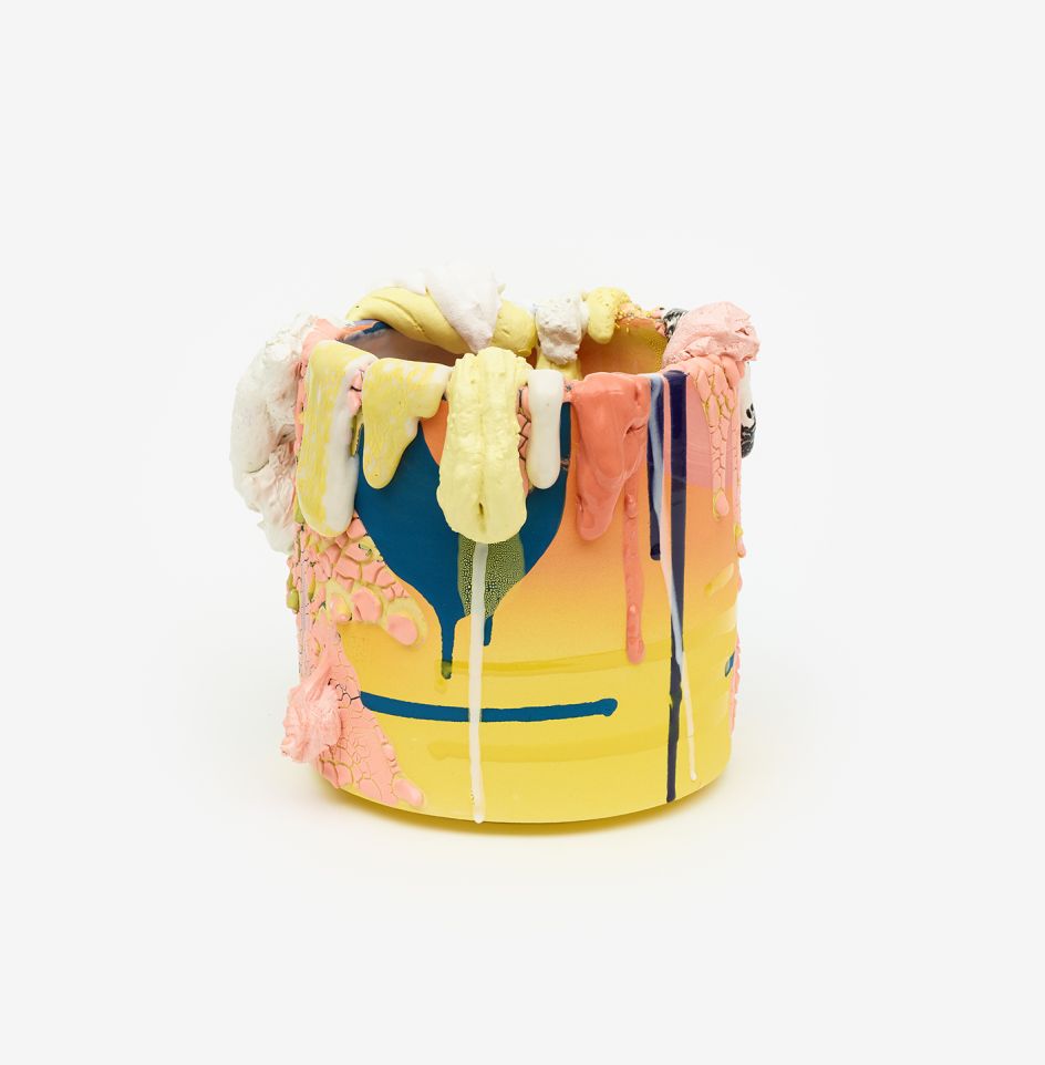 Brian Rochefort, Paint Can #5, 2019. Ceramic, glaze; 9 1/2 x 10 x 10 in (24.1 x 25.4 x 25.4 cm). Courtesy the artist and South Etna Montauk.