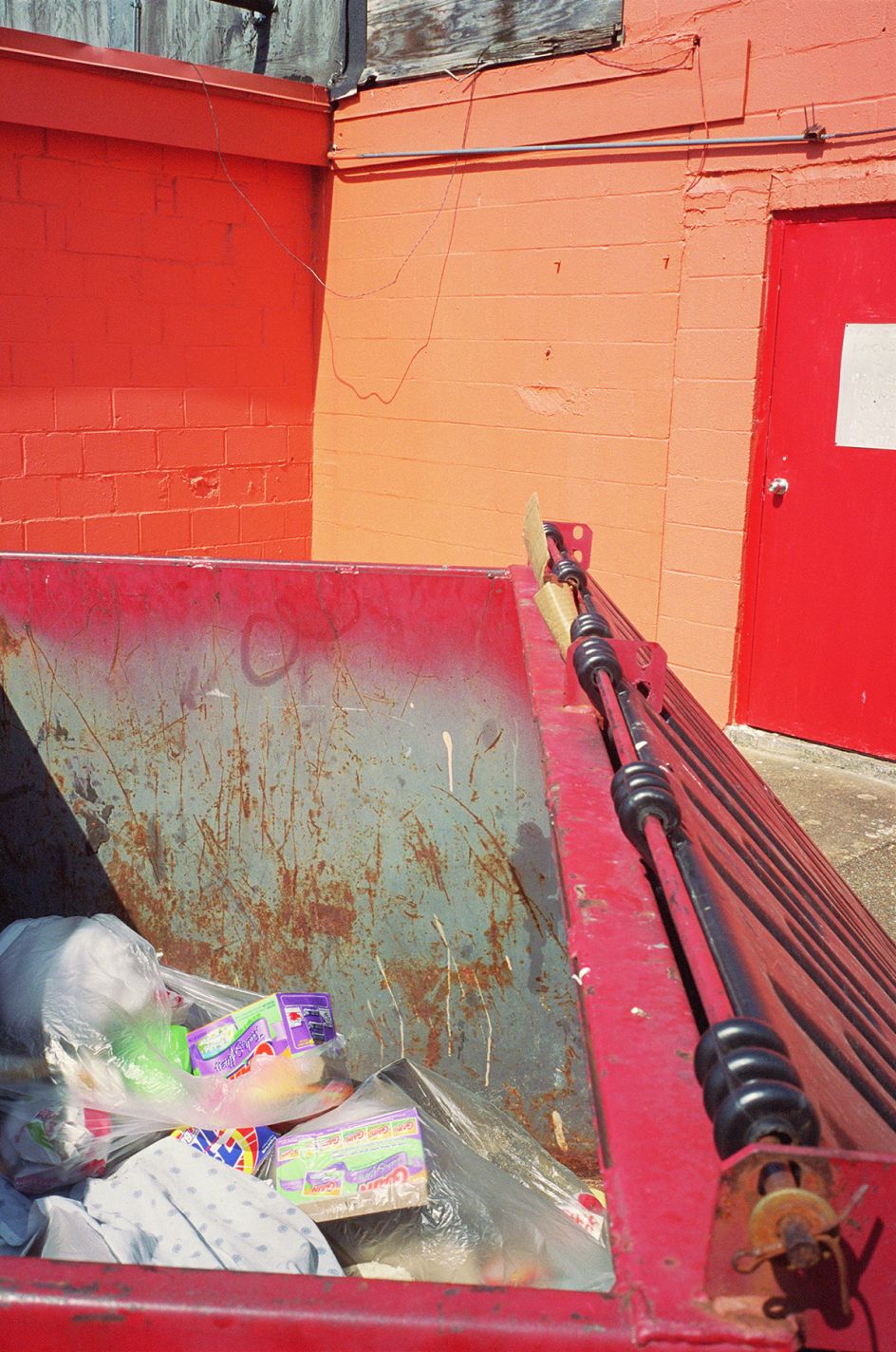 William Eggleston Untitled (Red Dumpster, Orange Building, Memphis) 2005 Pigment print 71.1 × 55.9 cm Image courtesy of Victoria Miro, London and Cheim & Read, New York © Eggleston Artistic Trust