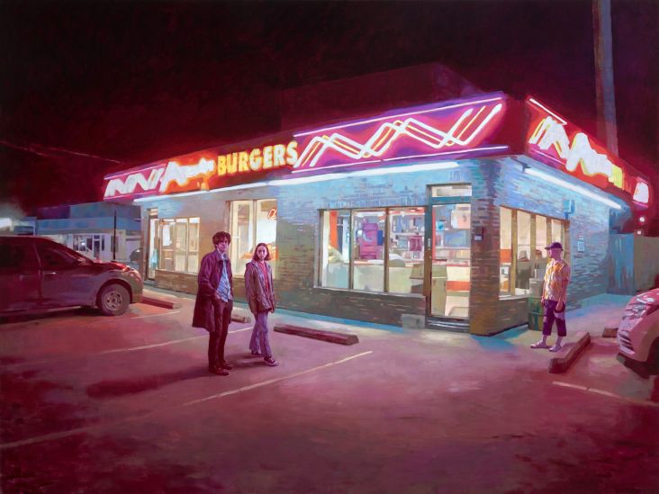 Keita Morimoto, Night Gazers, 2019, oil on linen, 72 x 96 in., courtesy of Nicholas Metivier Gallery, Toronto