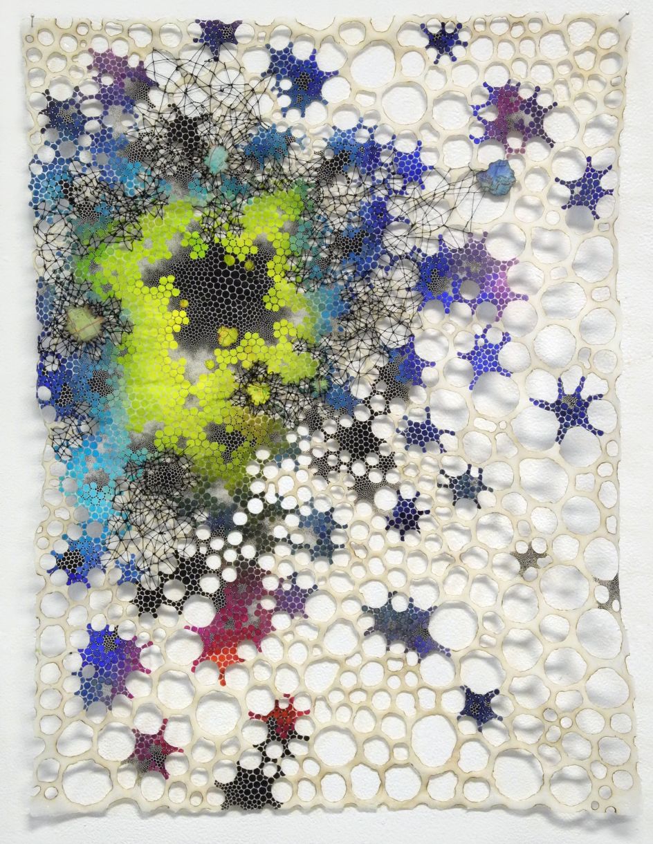 Vestigial Karen Margolis Vestigial, 2017 watercolor, gouache, maps, thread on Abaca paper 24”x18” Courtesy of the artist and Garis & Hahn