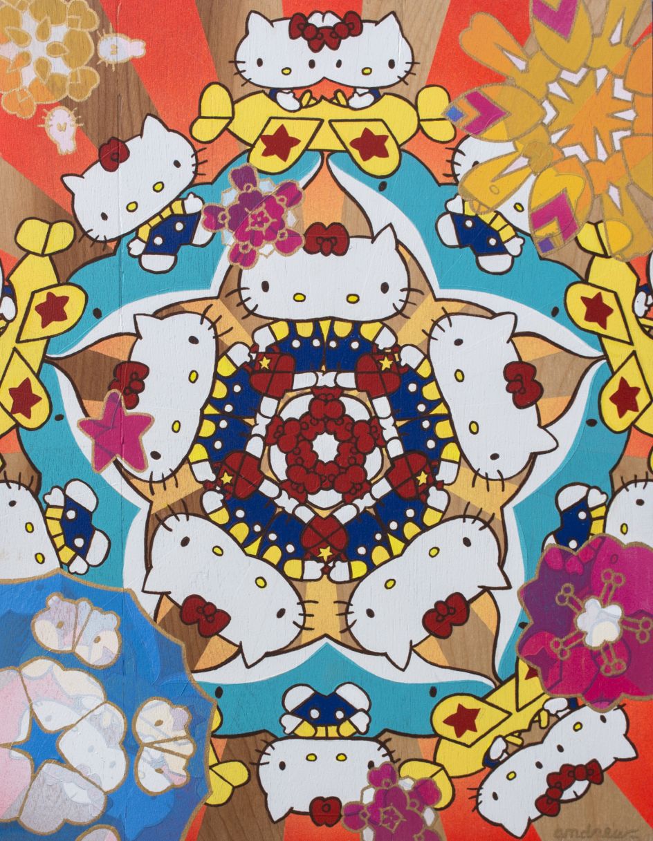 Andrew Brandou ‘767778’ (acrylic, cel vinyl, acryla gouache, gold sumi ink on wood panel, 14 x 11 inches)