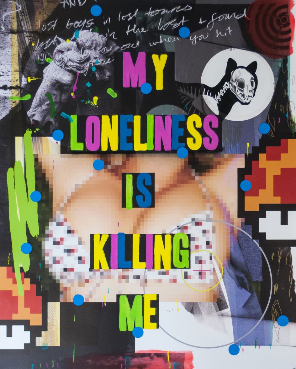 MY LONELINESS IS KILLING ME, Digital print, acrylic, marker, spraypaint, vinyl, graphite & india ink on cold press watercolour paper, 150x120cm, 2015  © Stuart Semple
