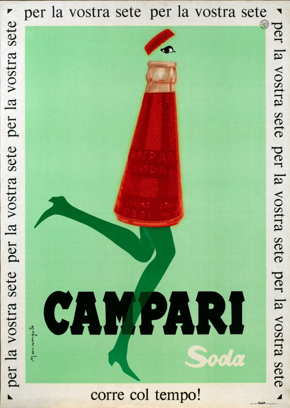 Franz Marangolo, Campari Soda corre col tempo!, 1960s. Campari Soda is in Line with the Times! Lithographic colour print on paper