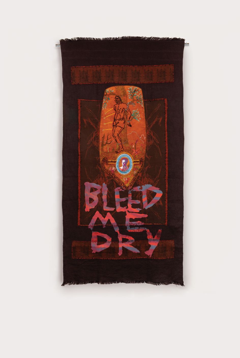 Henry Hussey, Bleed Me Dry , 2019. Screen print: digitally printed linen and canvas, dyed hessian and yarn, bleached velvet, embroidery, 260 x 130 cm. Courtesy of Anima Mundi