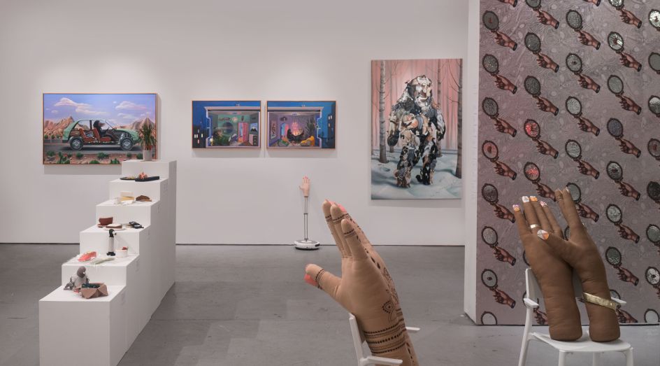 My paintings and wallpaper on the walls and Mimi’s soft sculpture in the foreground, photo by Paul Trillo, 2018