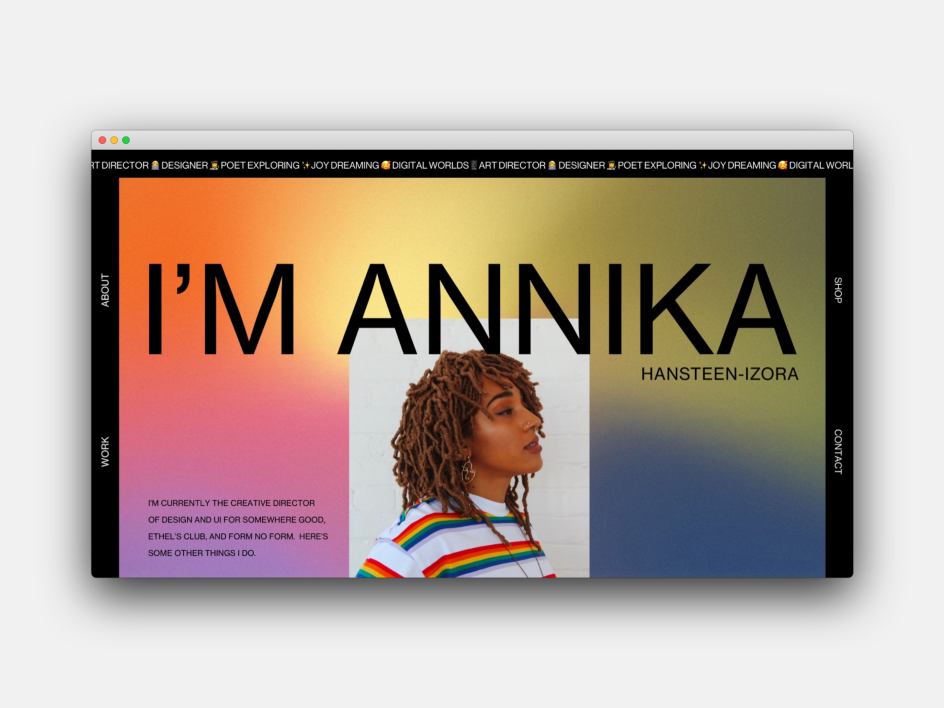 Annika Hansteen-Izora's portfolio website, made using Editor X