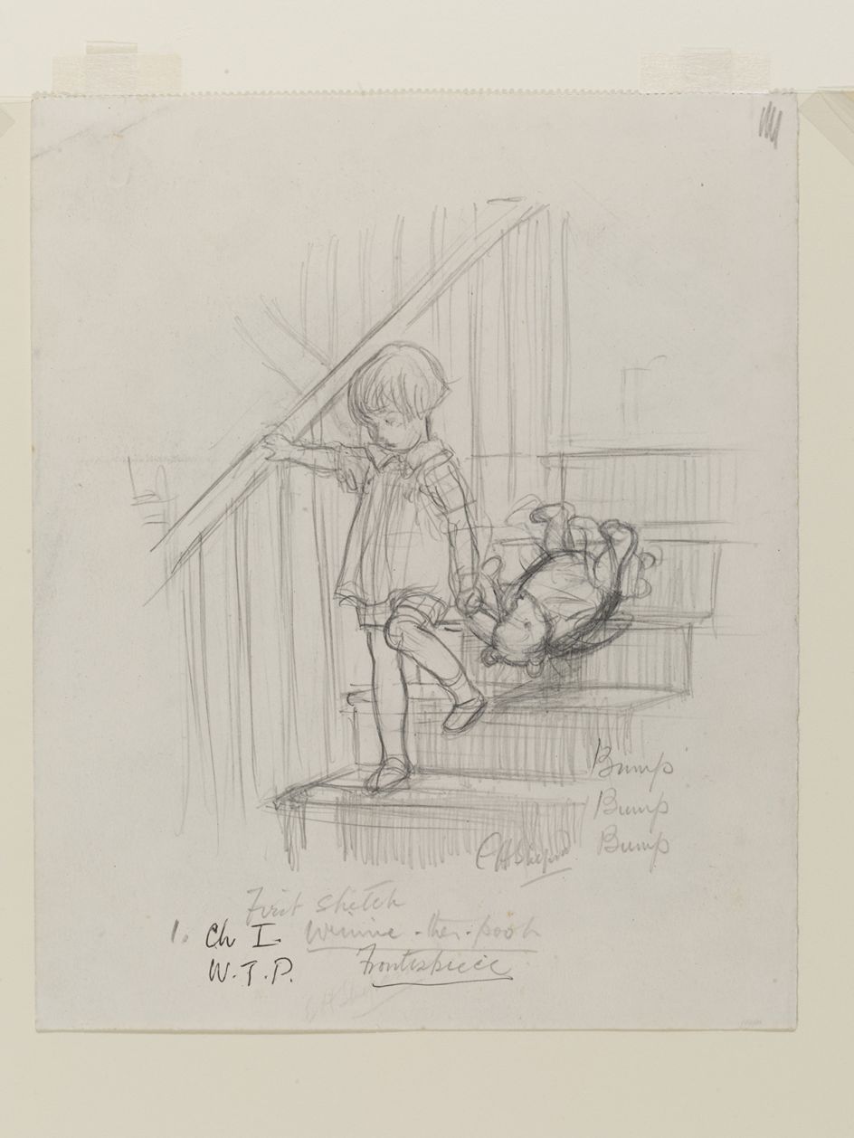 'Bump, bump, bump', Winnie-the-Pooh chapter 1, pencil drawing by E. H. Shephard, 1926. © The Shepard Trust, reproduced with permission from Curtis Brown