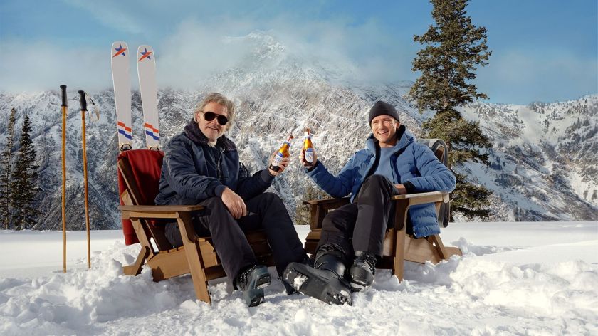 Michelob Ultra 2026 Super Bowl ad featured actors Kurt Russell, left, and Lewis Pullman. Via Anheuser-Busch