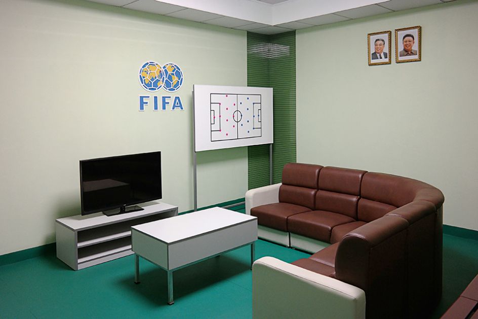 The recently renovated support rooms of the Rungrado May Day Stadium embody the essence of the current North Korean interior aesthetic, with their complementary colour schemes and synthetic, wipe-clean surfaces. Built in 1989 and used for the Mass Games performances for years, the stadium reopened in 2015 with a new football pitch and running track, as well as the optimistic addition of the FIFA and Olympic logos. Copyright: © Oliver Wainwright