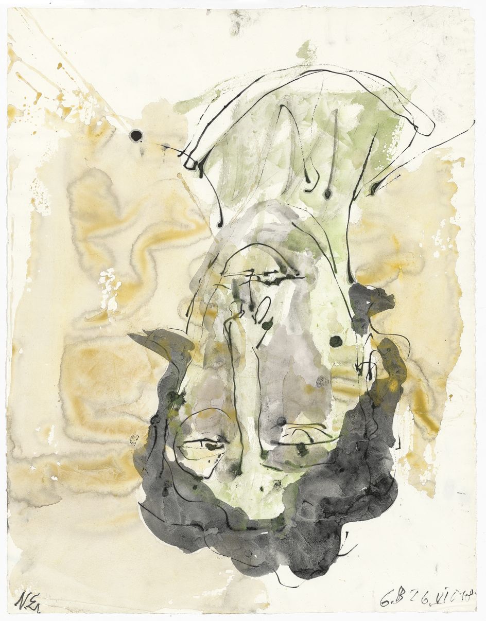 GEORG BASELITZ N.E., 2018 India ink and watercolor on paper 26 x 20 1/8 in 66 x 51 cm © Georg Baselitz. Photo: Jochen Littkemann. Courtesy Gagosian