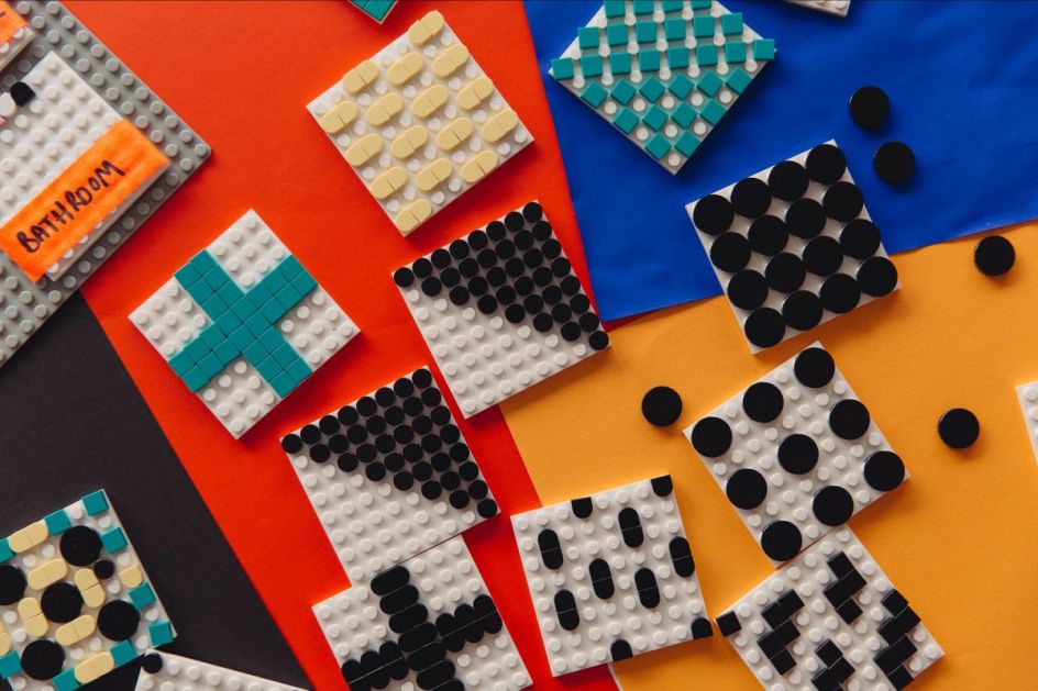 Shot of the newly launched, tile-based LEGO DOTS range in Camille Walala's studio. Photo credit Dunja Opalko.