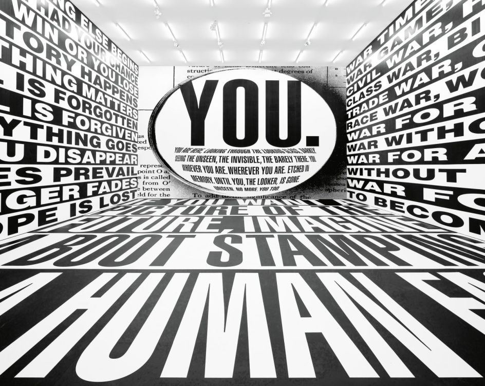 Barbara Kruger, Untitled (Forever), 2017, digital print on vinyl wallpaper and floor covering, dimensions variable, Amorepacific Museum of Art (APMA), Seoul, installation view, Sprüth Magers, Berlin, 2017–18, © Barbara Kruger, photo by Timo Ohler, courtesy of Sprüth Magers