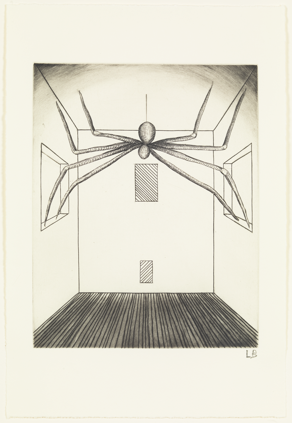 Louise Bourgeois He Disappeared Into Complete Silence, 1947 – 2005 (Detail) Suite of 11 engravings with aquatint and hand colouring accompanied by letterpress text, Plates 1 – 9: 25.4 × 35.6 cm, Alternative and Spider plates: 25.4 × 17.1 cm. © Easton Foundation/DACS, London/VAGA, NY 2018. Collection: The Easton Foundation.