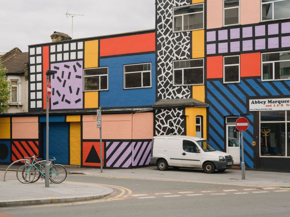 Walala Parade by Camille Walala in Leyton. Commissioned by Wood Street Walls. Photography by Tim Crocker