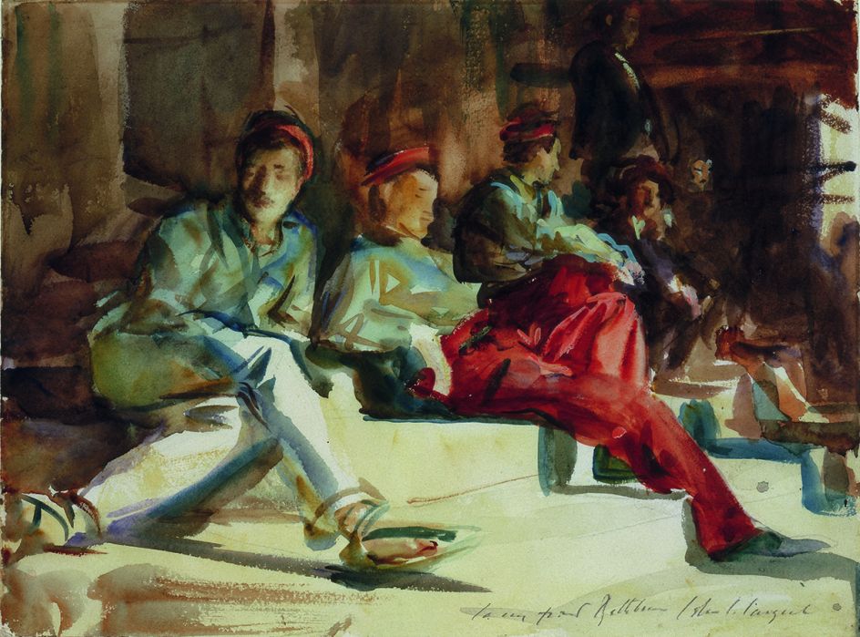 John Singer Sargent, Group of Spanish Convalescent Soldiers, c. 1903, watercolour on paper, over preliminary pencil, with body colour, 29.9 cm x 40.7 cm, Private Collection
