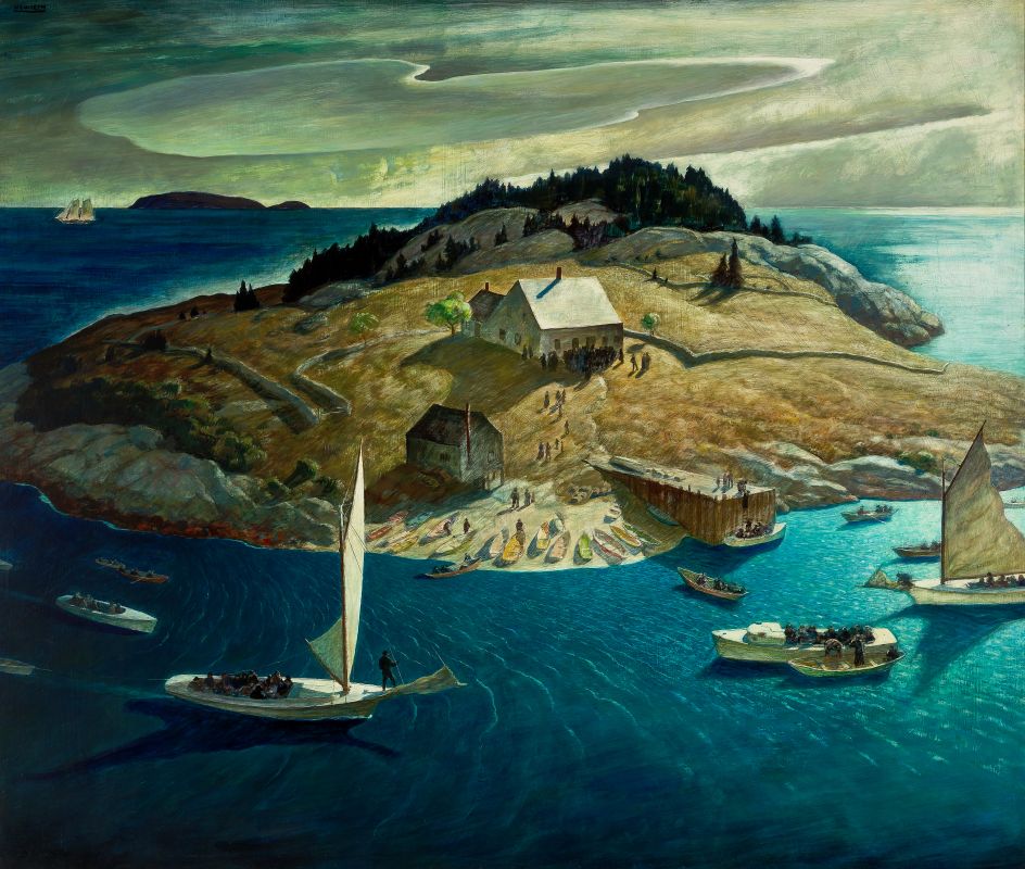 N. C. Wyeth (1882-1945), Island Funeral, 1939, egg tempera and oil on hardboard, 44 1/2 x 52 3/8 in.  Brandywine River Museum of Art, Gift of E. I. du Pont de Nemours and Company in honor of the 50th Anniversary of the Brandywine Conservancy & Museum of Art, 2017