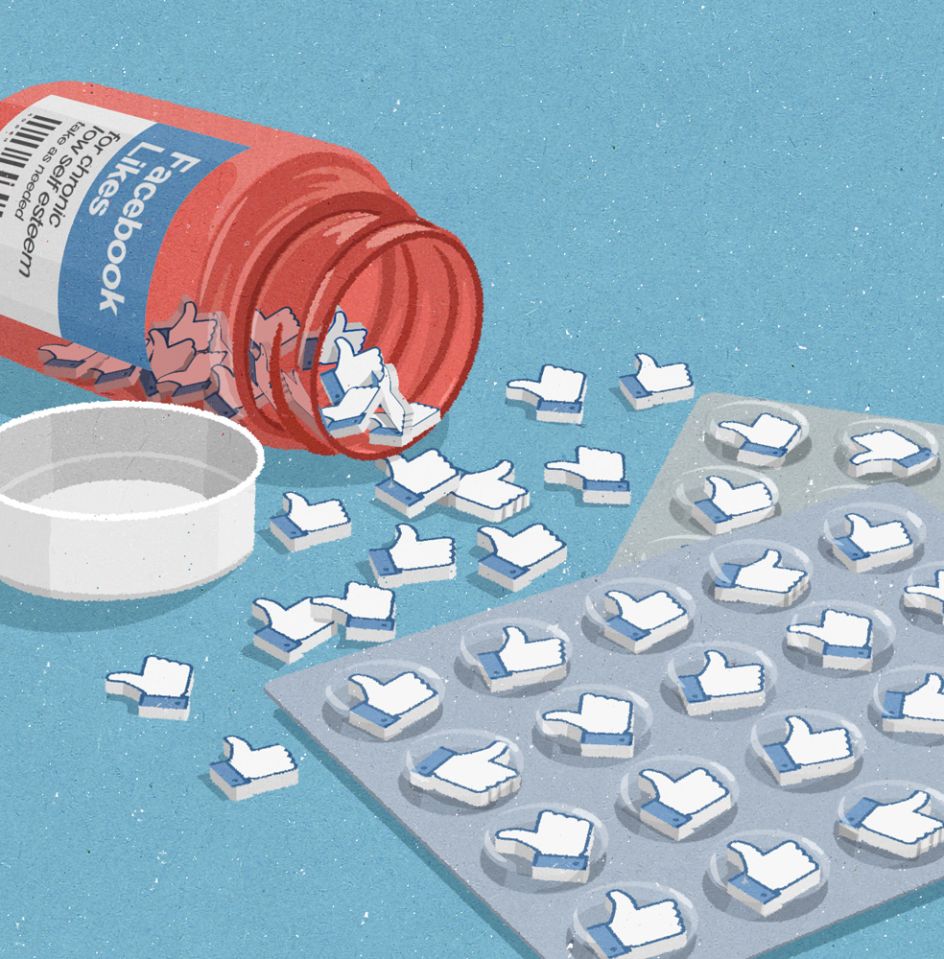 Editorial illustration about how addictive ‘likes’ can be  © John Holcroft