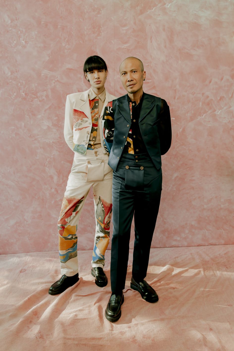 LookBook image from All Our Stories LookBook Shoot. Featuring the sun and wind printed three-piece skeleton suit in the exhibition. Photography by Christina Ebenezer. SS22