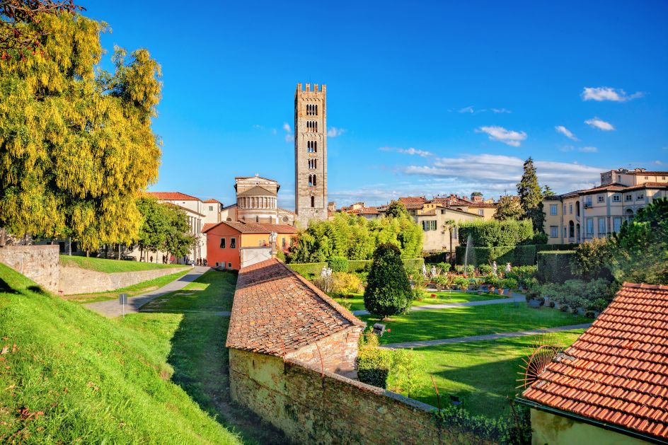 Basilica di San Frediano and gardens of palazzo Pfanner in Lucca. Image licensed via Adobe Stock