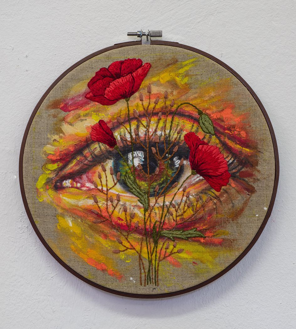 David Walker x Yuli Gates ‘Form & Flora – Eye’ acrylic and embroidery on linen D23cm